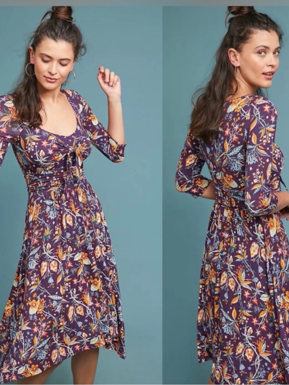 Anthropologie Purple Floral Tie-Front Midi Dress